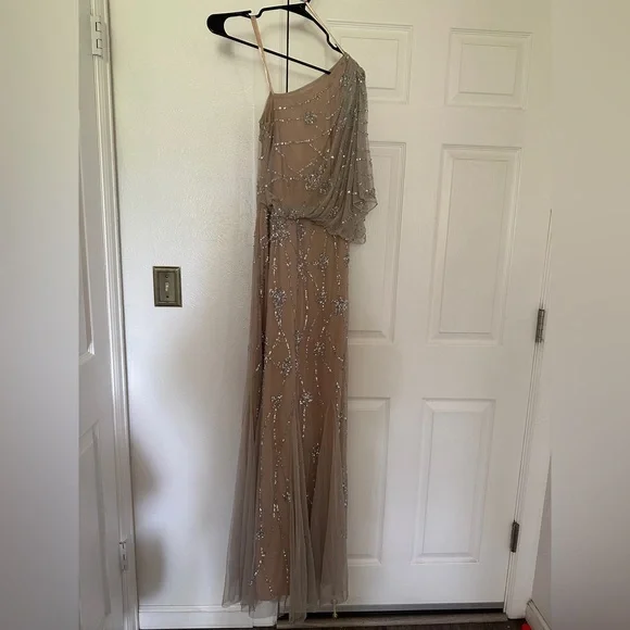 open lace back dress Adrianna Papell Beaded One-Shoulder Sleeveless Side Zipper Closure Ruffles  Draped Details Dress main image 1